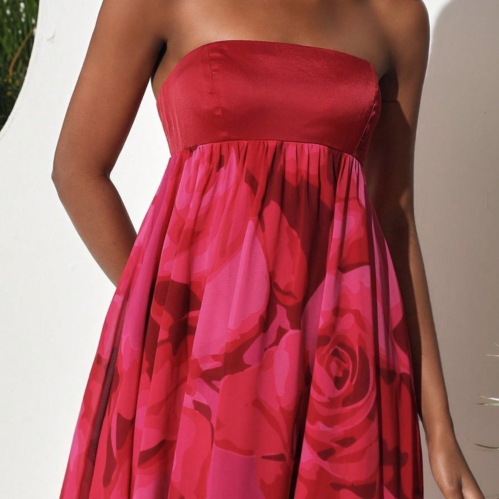 Red Preppy Women's Strapless Maxi Dress With Big Flower Print - Picture 5 of 5